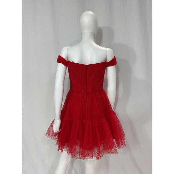 Ml Monique Lhuillier 'Monique Lhuillier' Red Swiss Dot Off-The-Shoulder - Picture 3 of 5